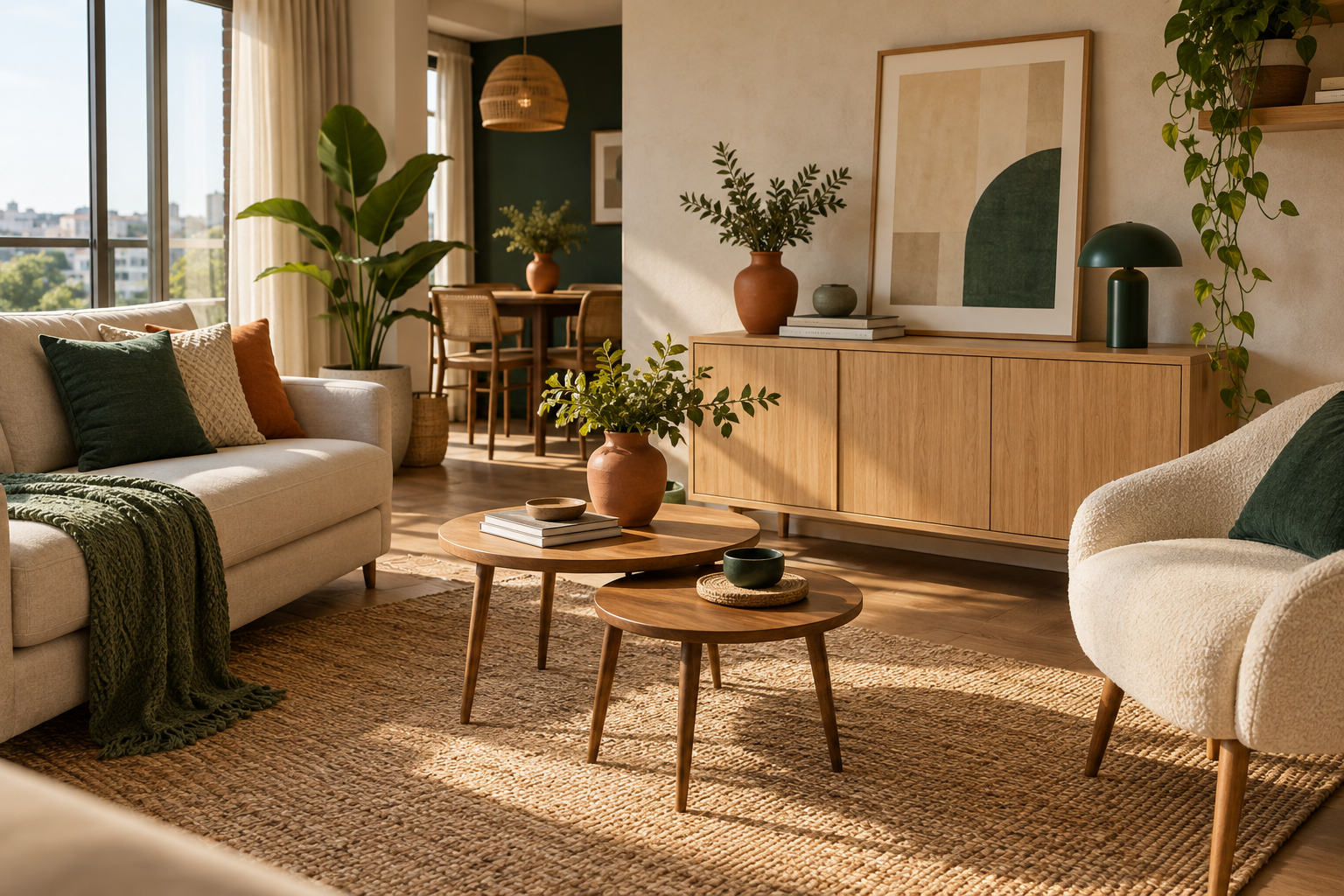 Ambiente ilustrativo com móveis de madeira clara, tecidos creme e detalhes em verde e terracota.
